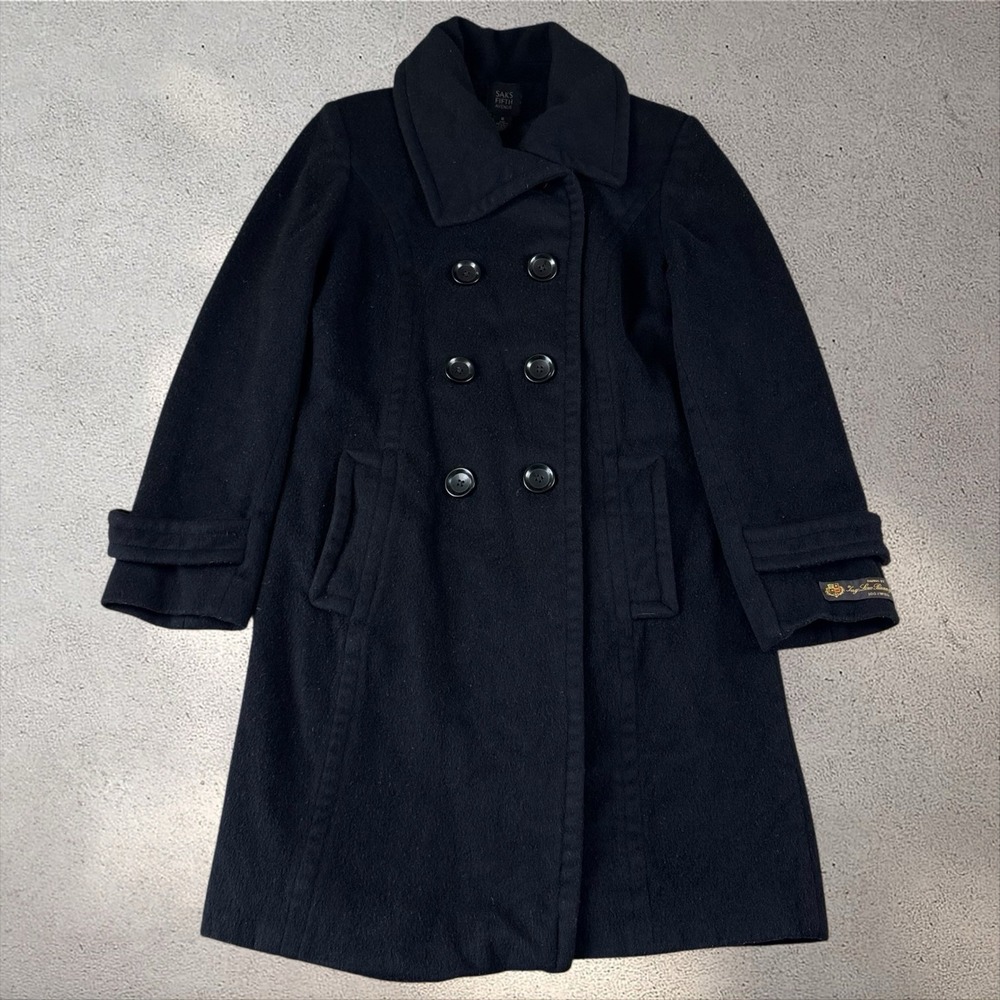 Saks Fifth Ave x Loro Piana Wool Pea Coat Women's Size 6 Black Trench Overcoat